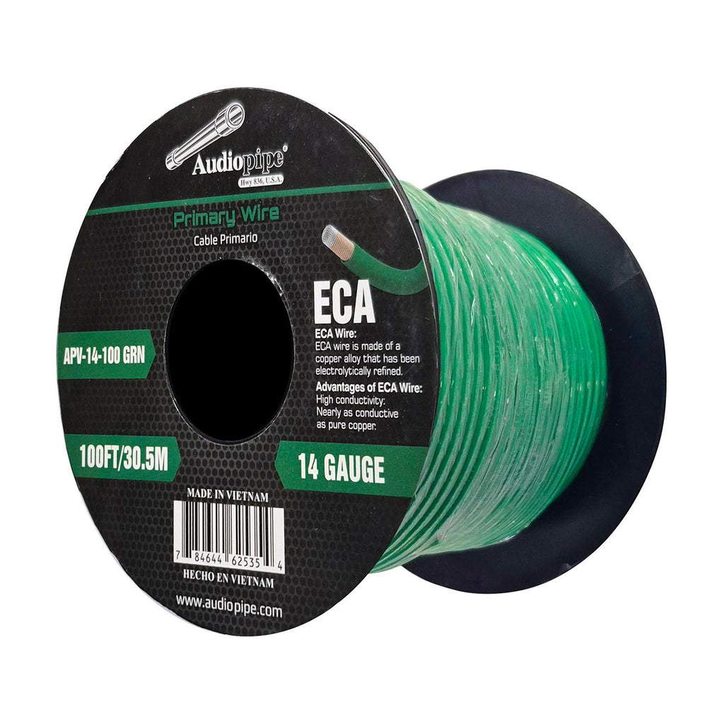 Audiopipe Flexible ECA Primary Wire 14 Gauge 100 Foot Spool – Green