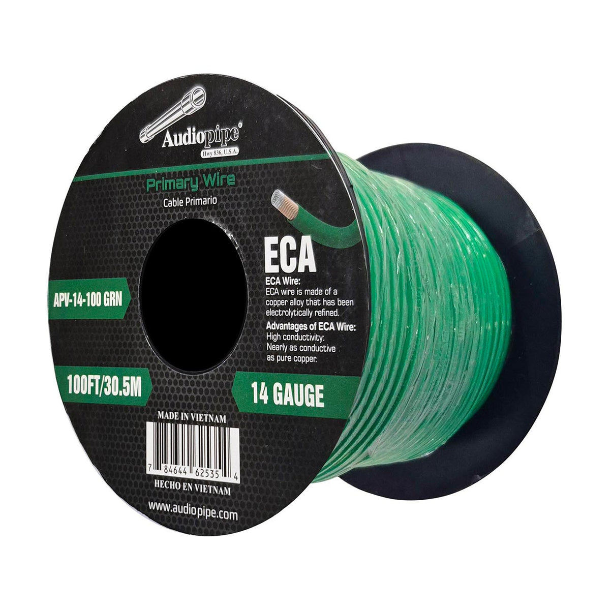 Audiopipe Flexible ECA Primary Wire 14 Gauge 100 Foot Spool – Green