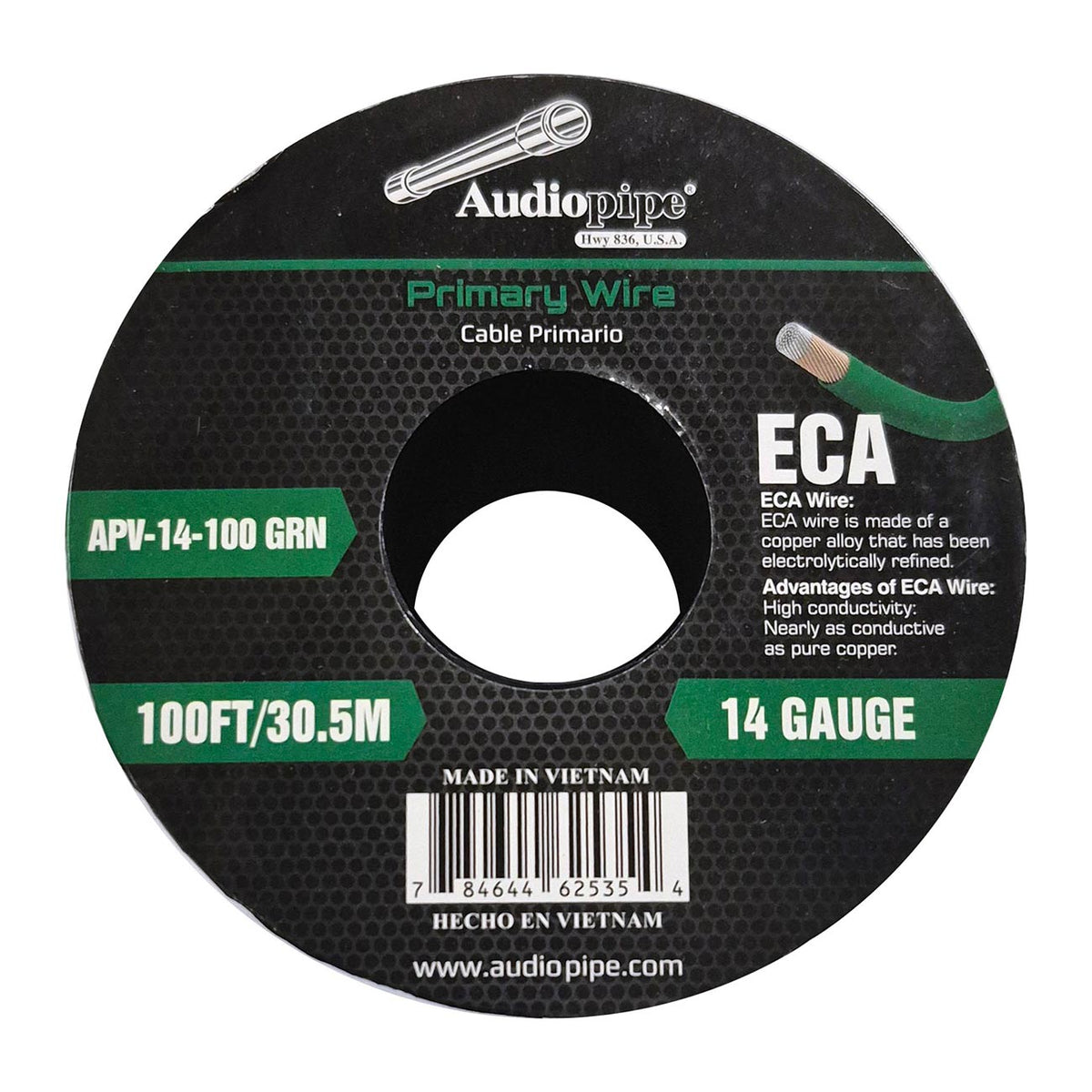 Audiopipe Flexible ECA Primary Wire 14 Gauge 100 Foot Spool – Green