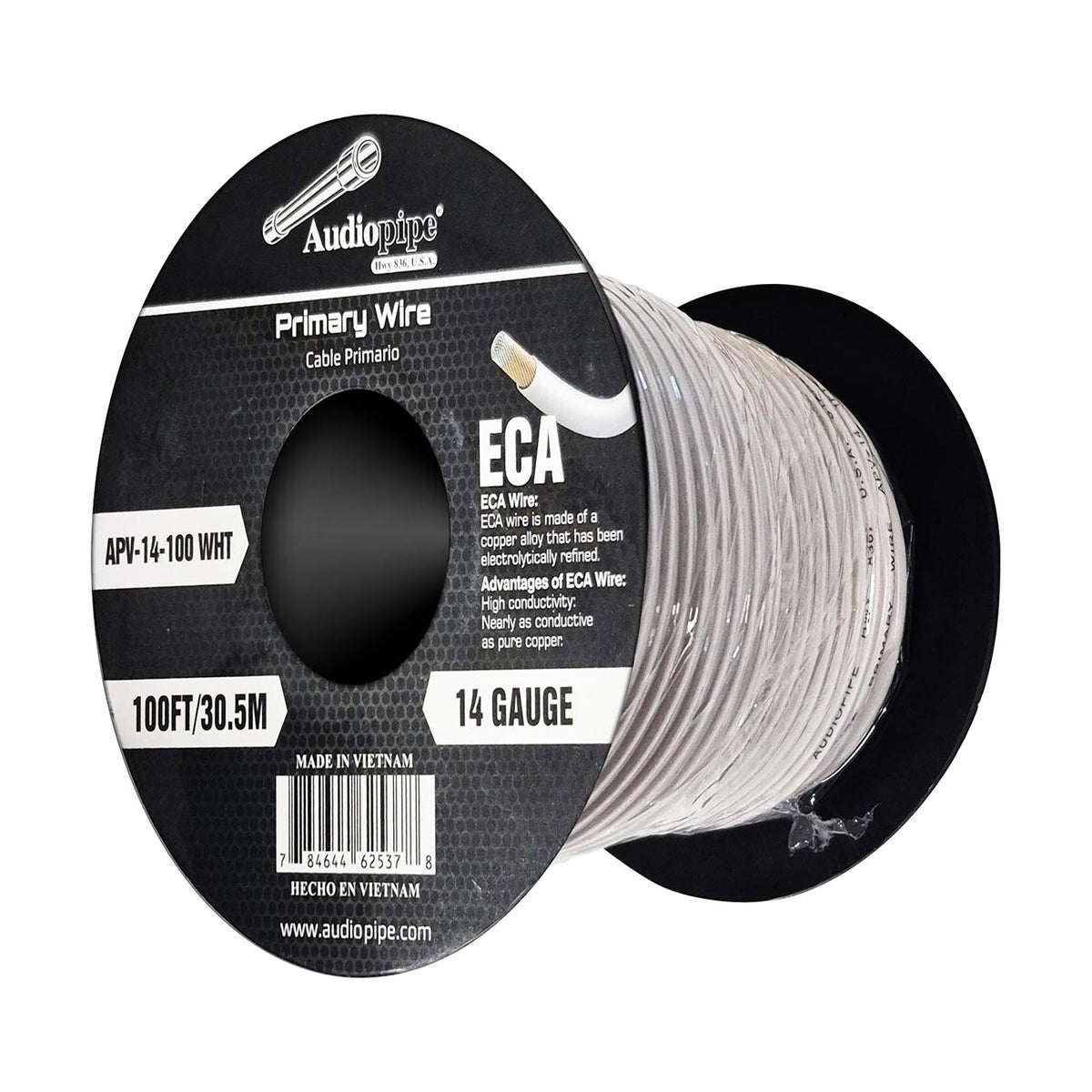 Audiopipe Flexible ECA Primary Wire 14 Gauge 100 Foot Spool – White