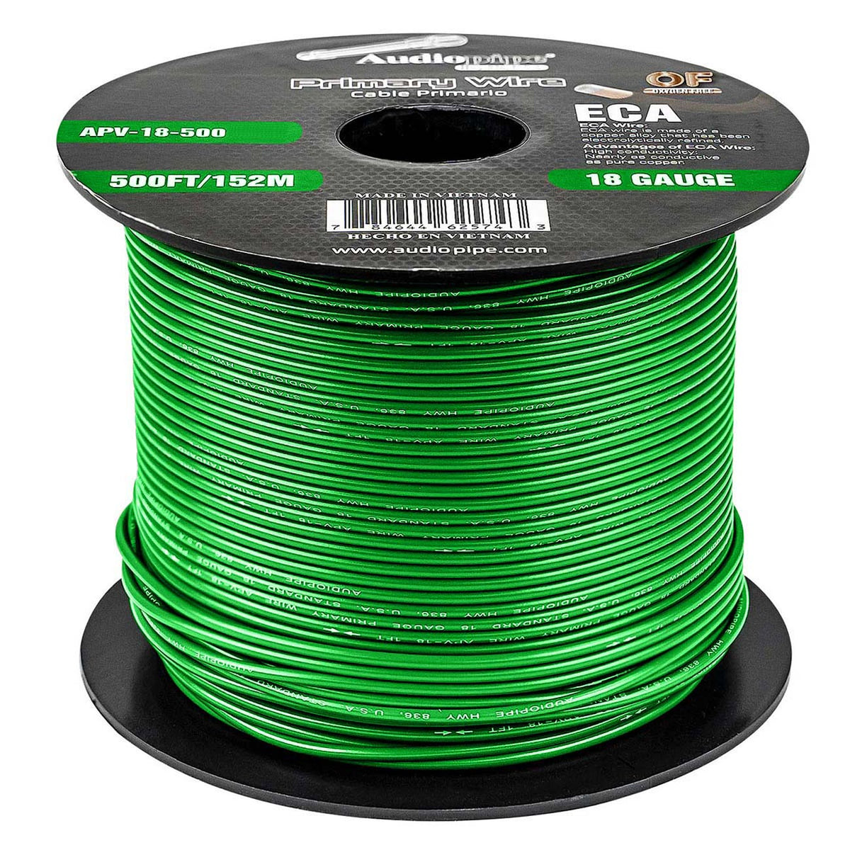 Audiopipe Primary Wire 18 Gauge 500 Foot Spool – Green