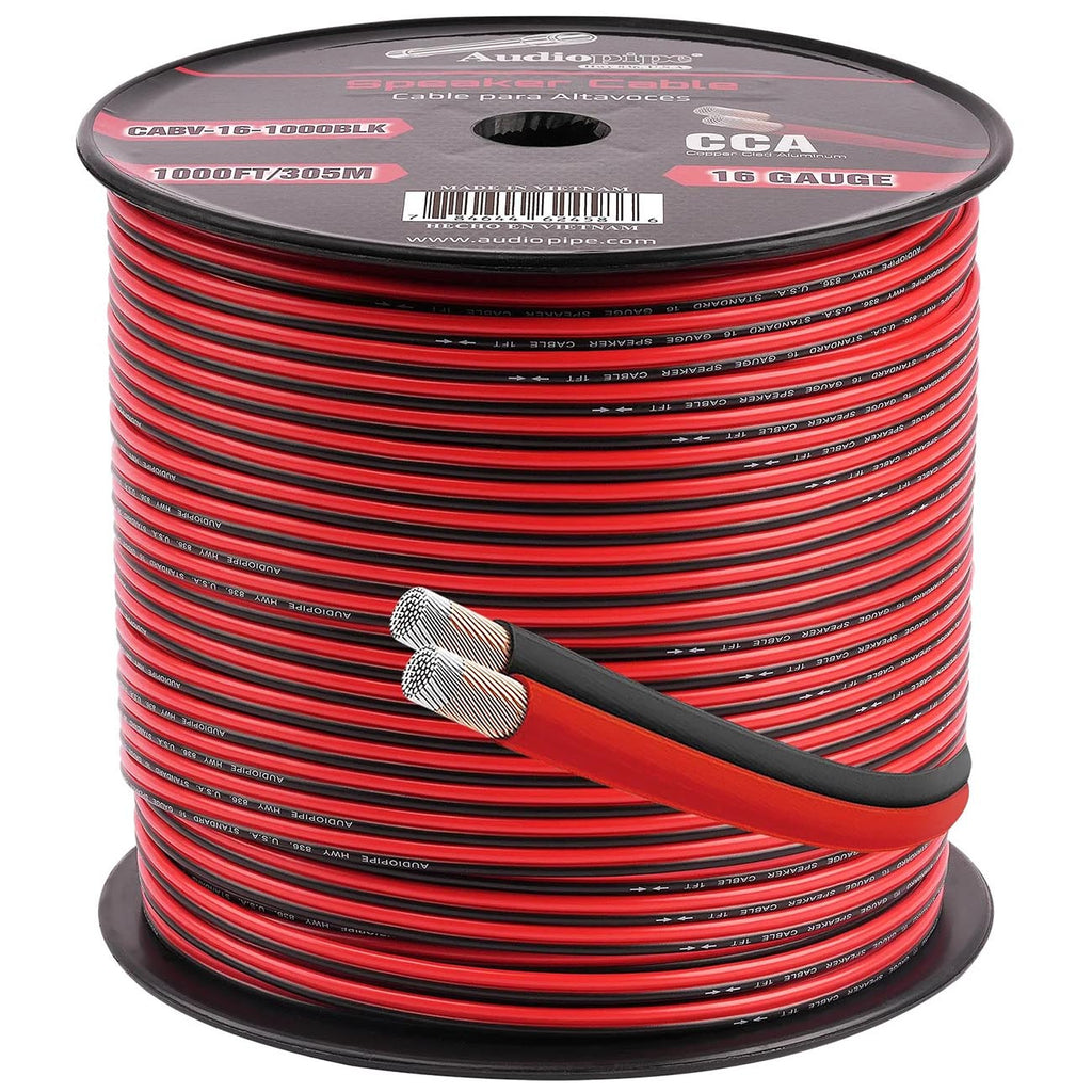 Audiopipe CCA Speaker Wire 16 Gauge 1000 Foot Roll – Red/Black