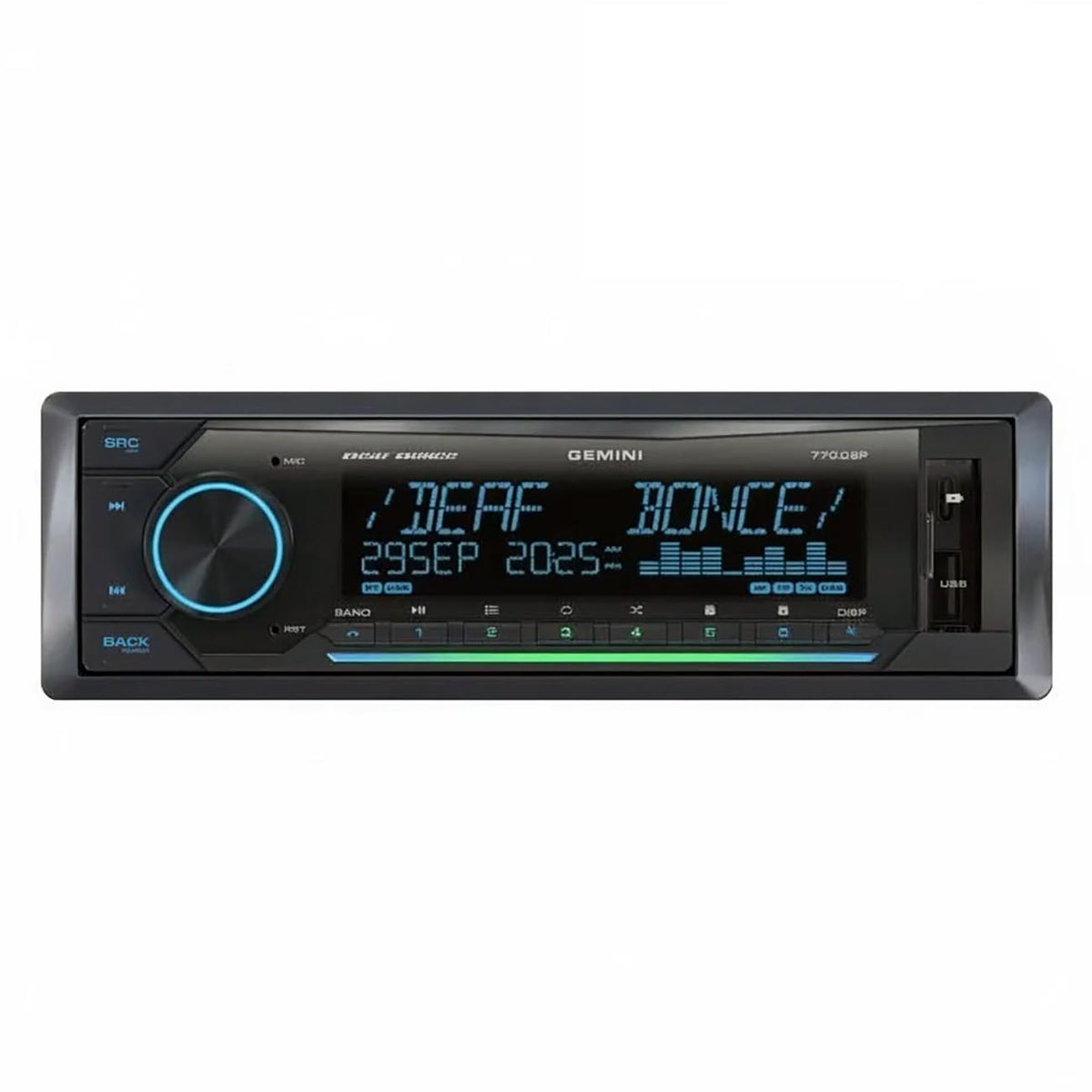 Deaf Bonce Single DIN Mechless MP3/FM Receiver with DSP, Bluetooth, USB Input