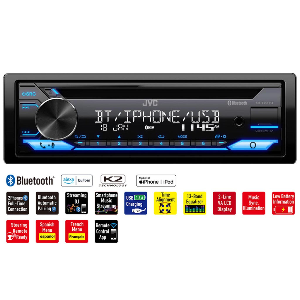 JVC Single DIN Detachable Face CD/MP3 Receiver with Bluetooth, USB & Amazon Alexa