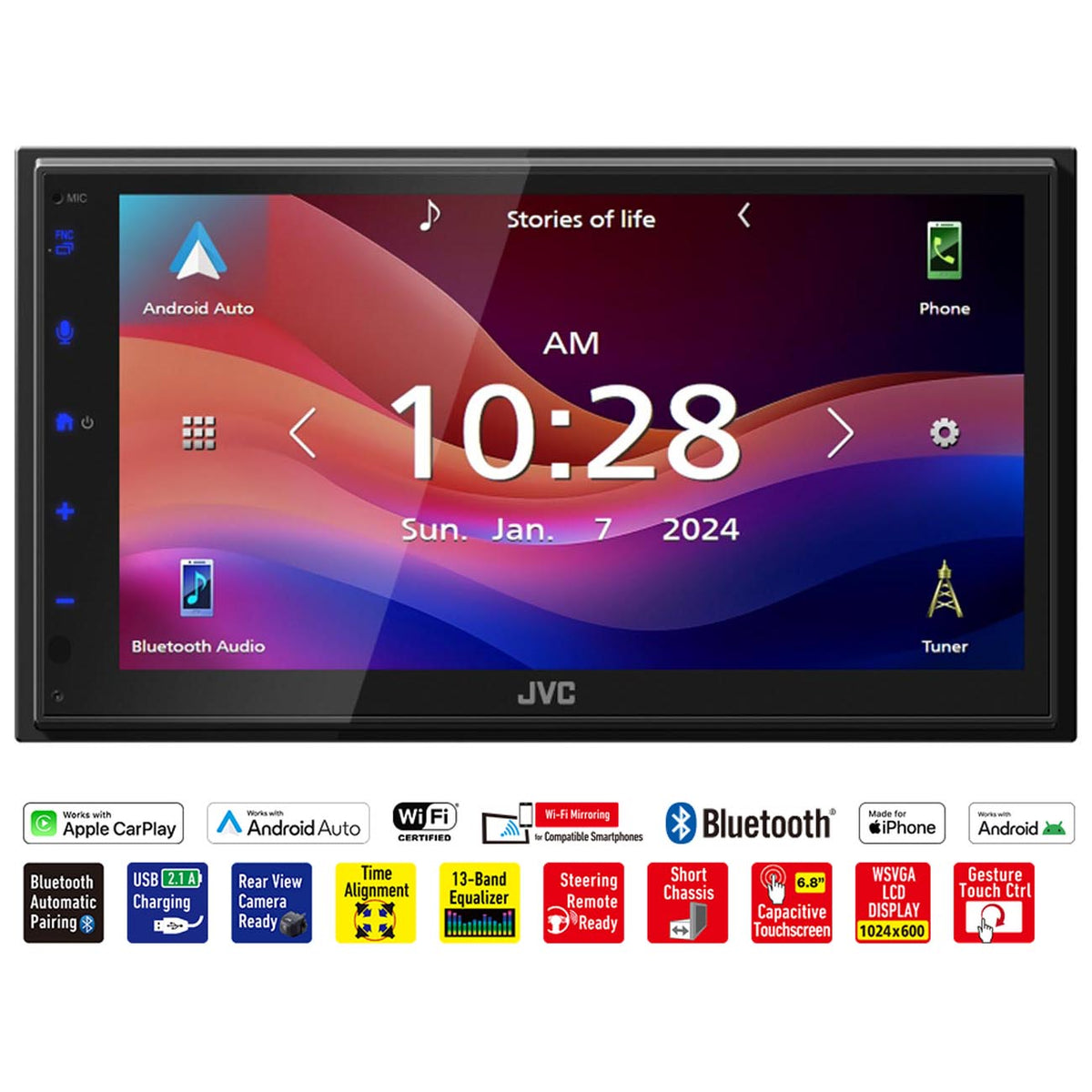 JVC Single/Double DIN Fixed Face 6.8" Mechless with Bluetooth, Wireless, Wired - Apple CarPlay or Android Auto