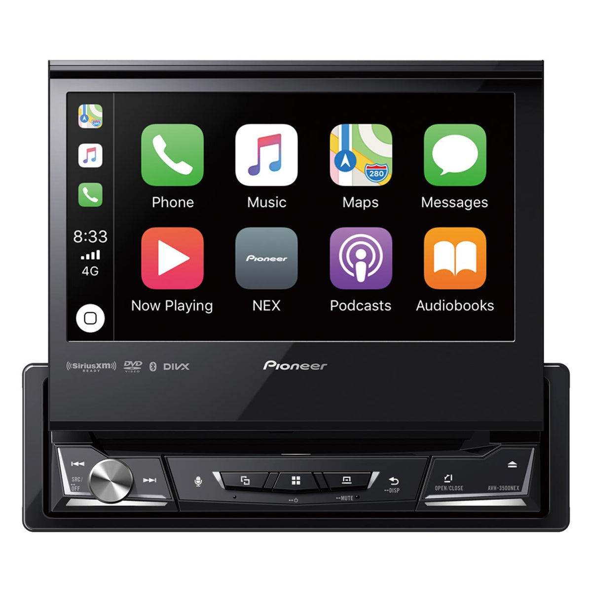 Pioneer Single DIN 7" CD/DVD player, Motorized screen, Apple CarPlay®, Android Auto™, Pioneer Vozsis with Alexa app., Built-in Bluetooth® and back-up camera input