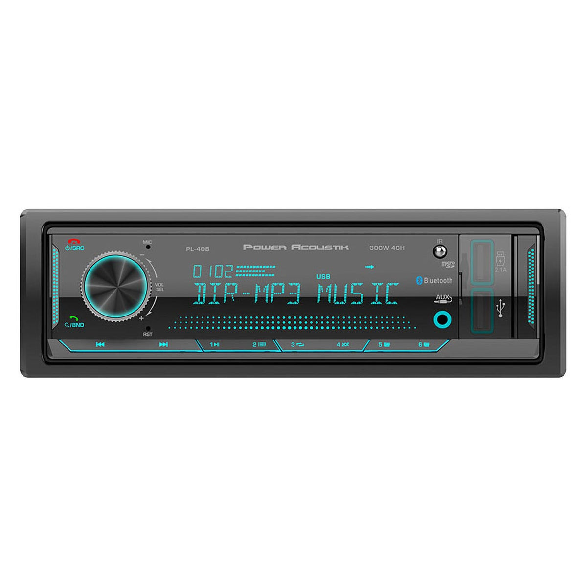 Power Acoustik Fixed Face Mechless Single DIN Media Receiver with Bluetooth, Dual USB & Remote