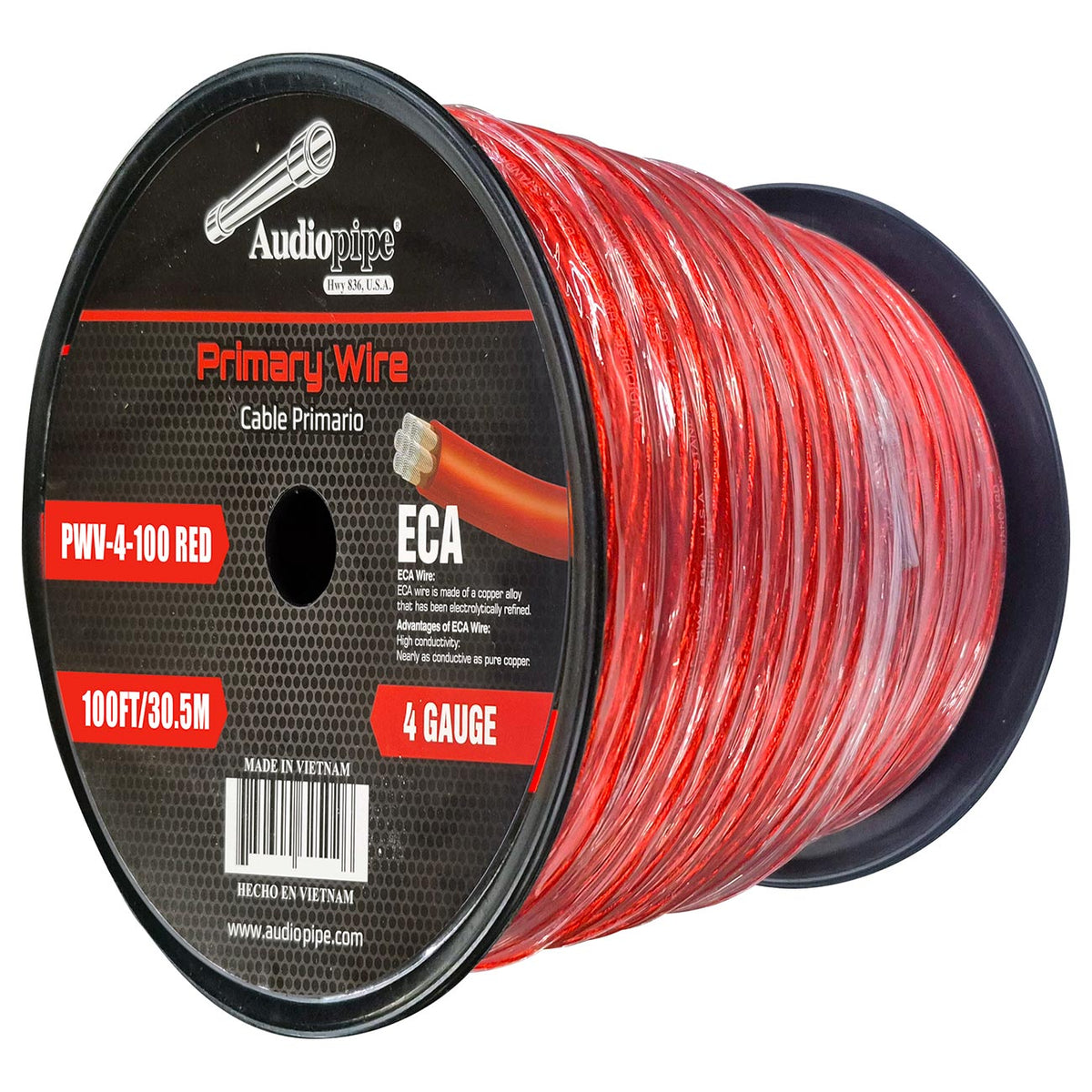 Audiopipe Flexible ECA Power Cable 4 Gauge 100 Foot – Red