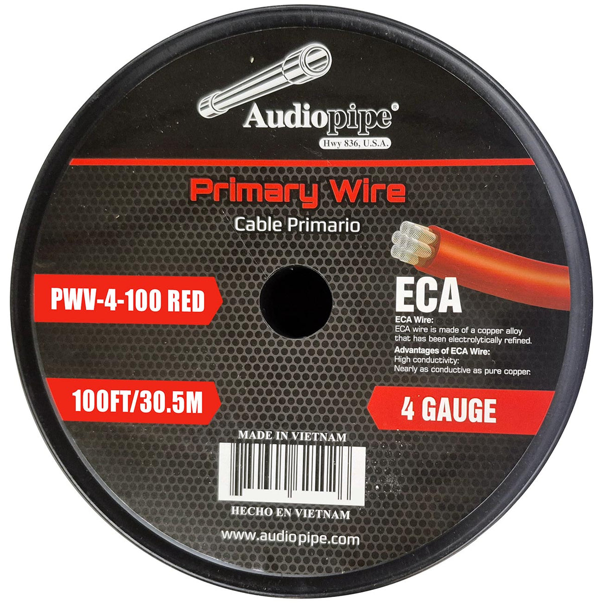 Audiopipe Flexible ECA Power Cable 4 Gauge 100 Foot – Red