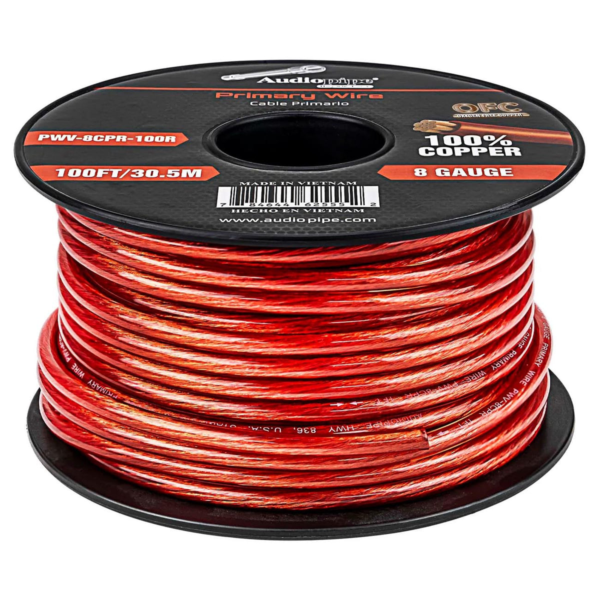 Audiopipe 100% Copper 8 Gauge 100 Foot Roll – RED
