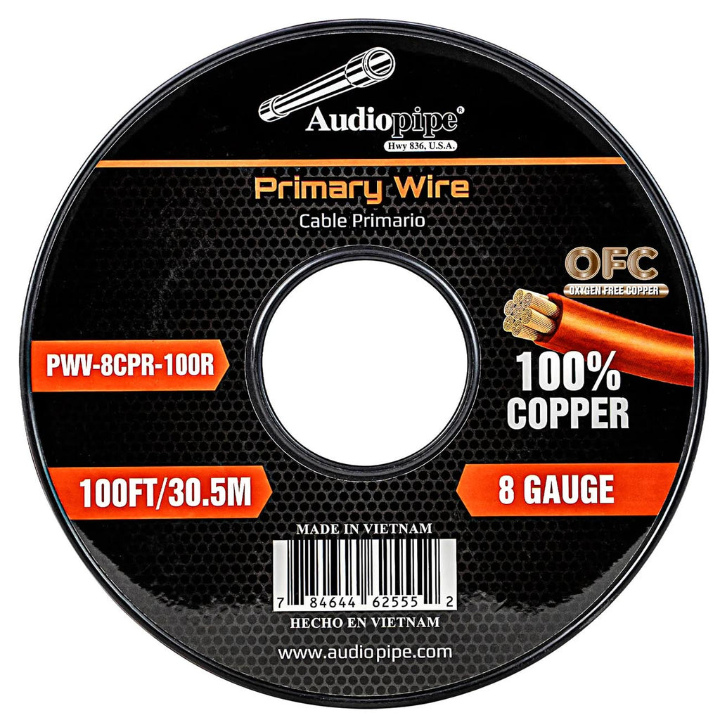 Audiopipe 100% Copper 8 Gauge 100 Foot Roll – RED