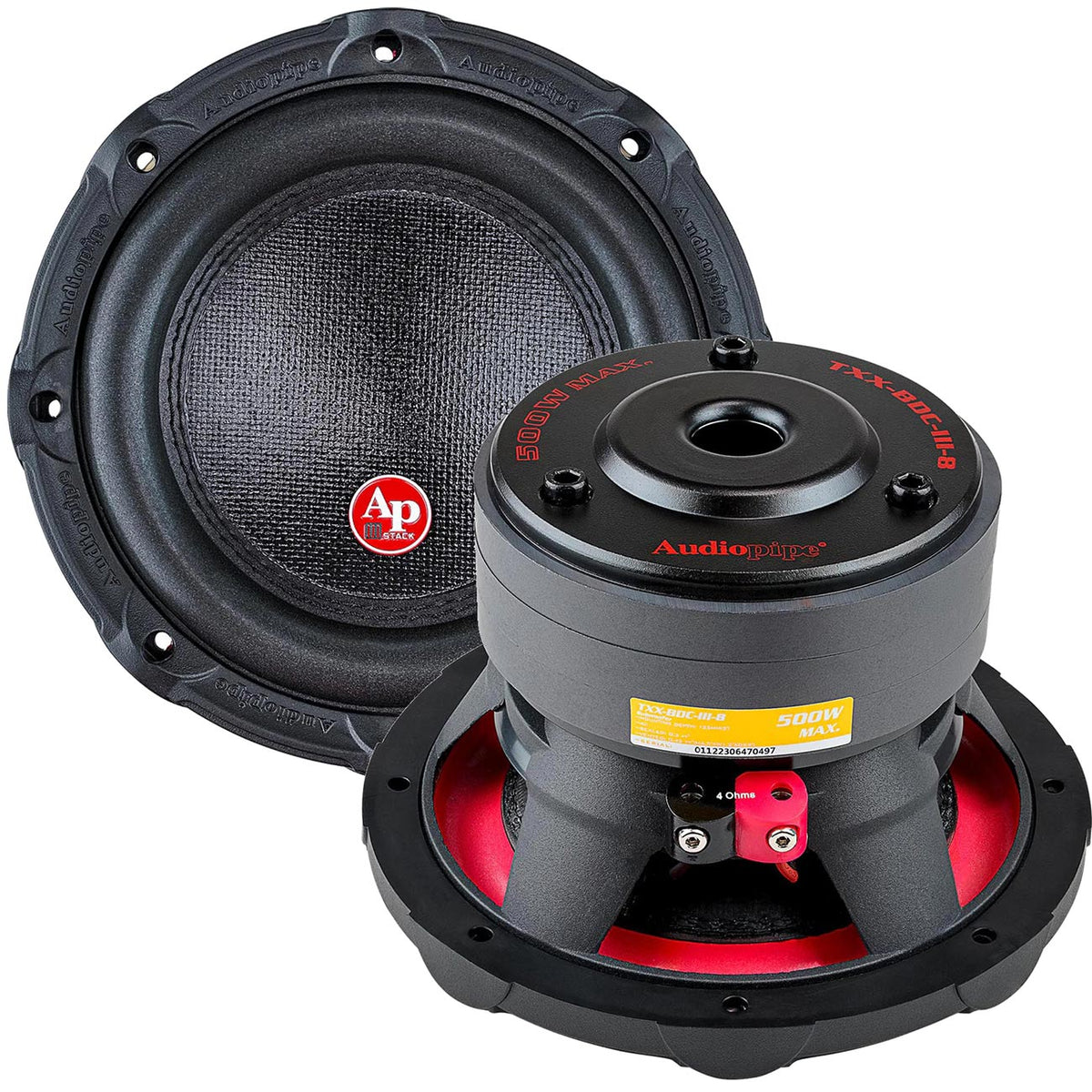 8″ Woofer, 250W RMS/500W Max, Single 4 Ohm